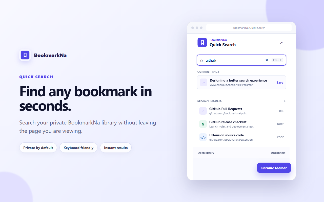 BookmarkNa Quick Search displaying private bookmark results from the Chrome toolbar